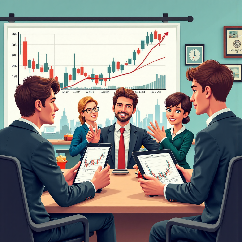 多樣投資者在平板上分析圖表,顯示股價超過趨勢線的輕鬆像素藝術插圖,在樂觀交易環境中