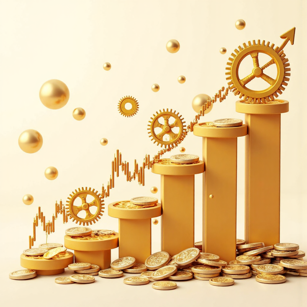 ภาพประกอบเกียร์ทองคำและเหรียญเงินหมุนวนรอบกราฟตลาดหุ้นแนวโน้มขาขึ้น สัญลักษณ์การเติบโตทางการเงินและการลงทุนในโลหะมีค่า