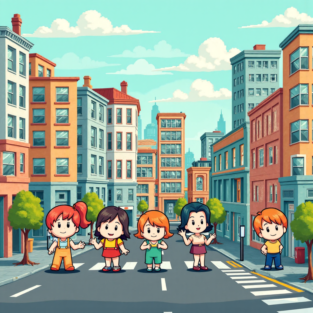 ภาพประกอบแฟนตาซีแสดงประเภท REIT ต่างๆ เป็นตัวละครน่ารัก แทนอาคารสำนักงาน ห้าง โรงแรม หรือโกดัง สนทนากันอย่างกลมกลืนในเมืองสไตล์ลิขสิทธิ์ใต้ท้องฟ้าแจ่มใส