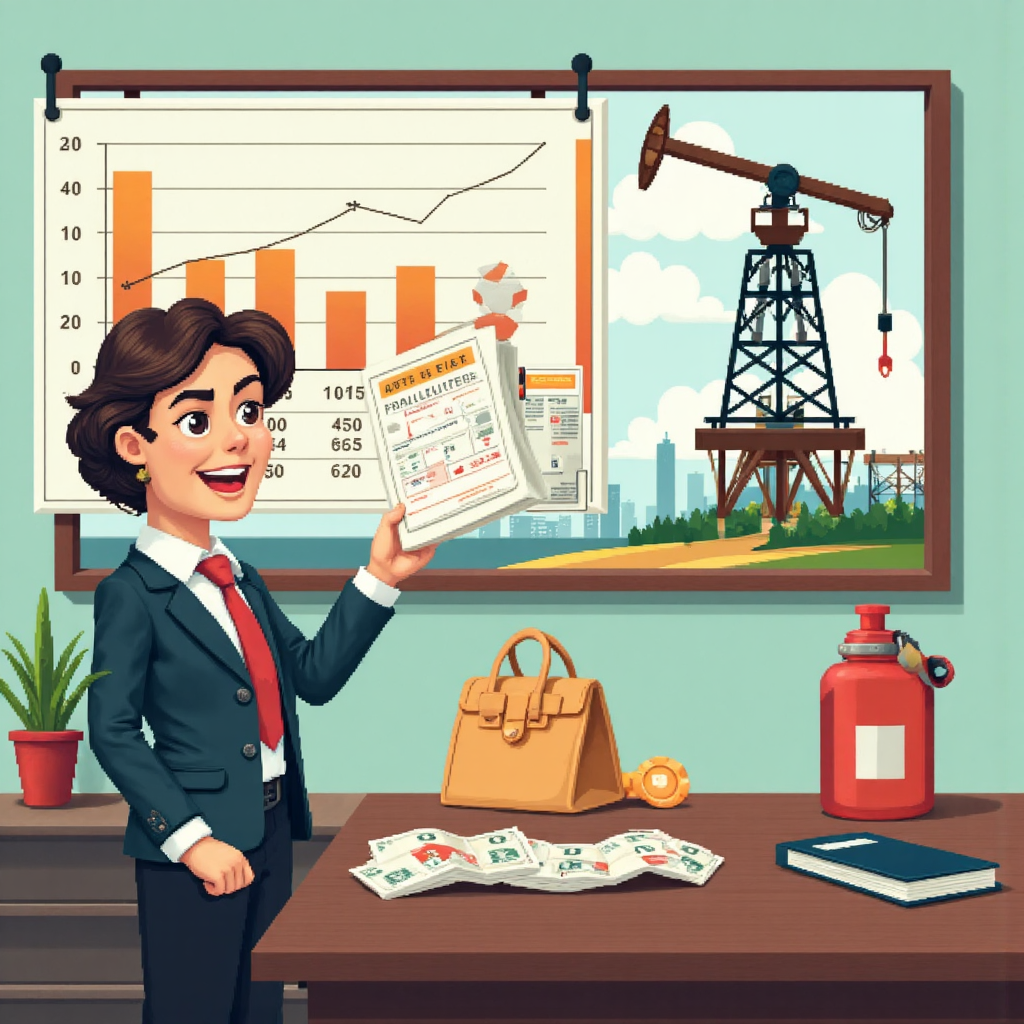 一位自信的投資者角色審視顯示穩定財務成長的圖表，旁邊是未來再生能源符號與醒目的石油鑽井平台，以風格化數位繪畫呈現微妙像素藝術遊戲風格