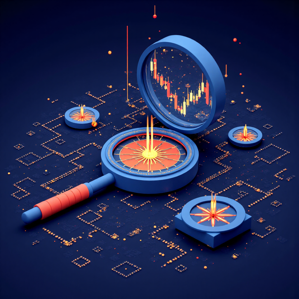 抽象發光線條代表股市數據圍繞指南針和放大鏡的像素藝術插圖