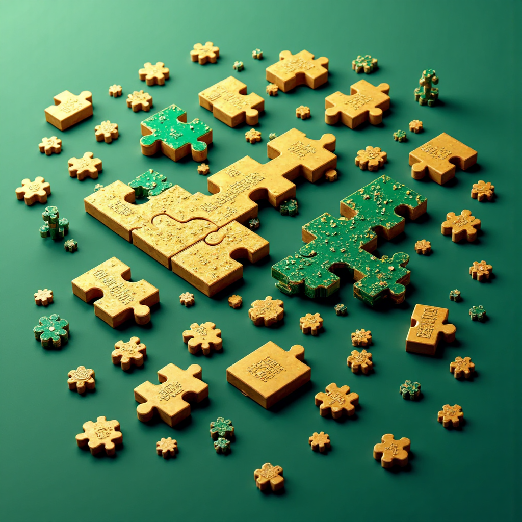 散落拼圖塊代表股票、債券和加密貨幣等金融資產的抽象插圖，私下組裝強調清晰與安全，以翠綠到金色的漸層呈現