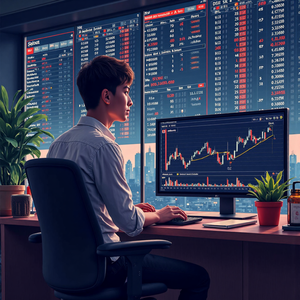 ภาพวาดดิจิทัลนักลงทุนมั่นใจกำลังดูกราฟหุ้นซับซ้อนบนหน้าจอนิยายอนาคตพร้อมข้อมูลเรืองแสงและองค์ประกอบวัฒนธรรมไทย