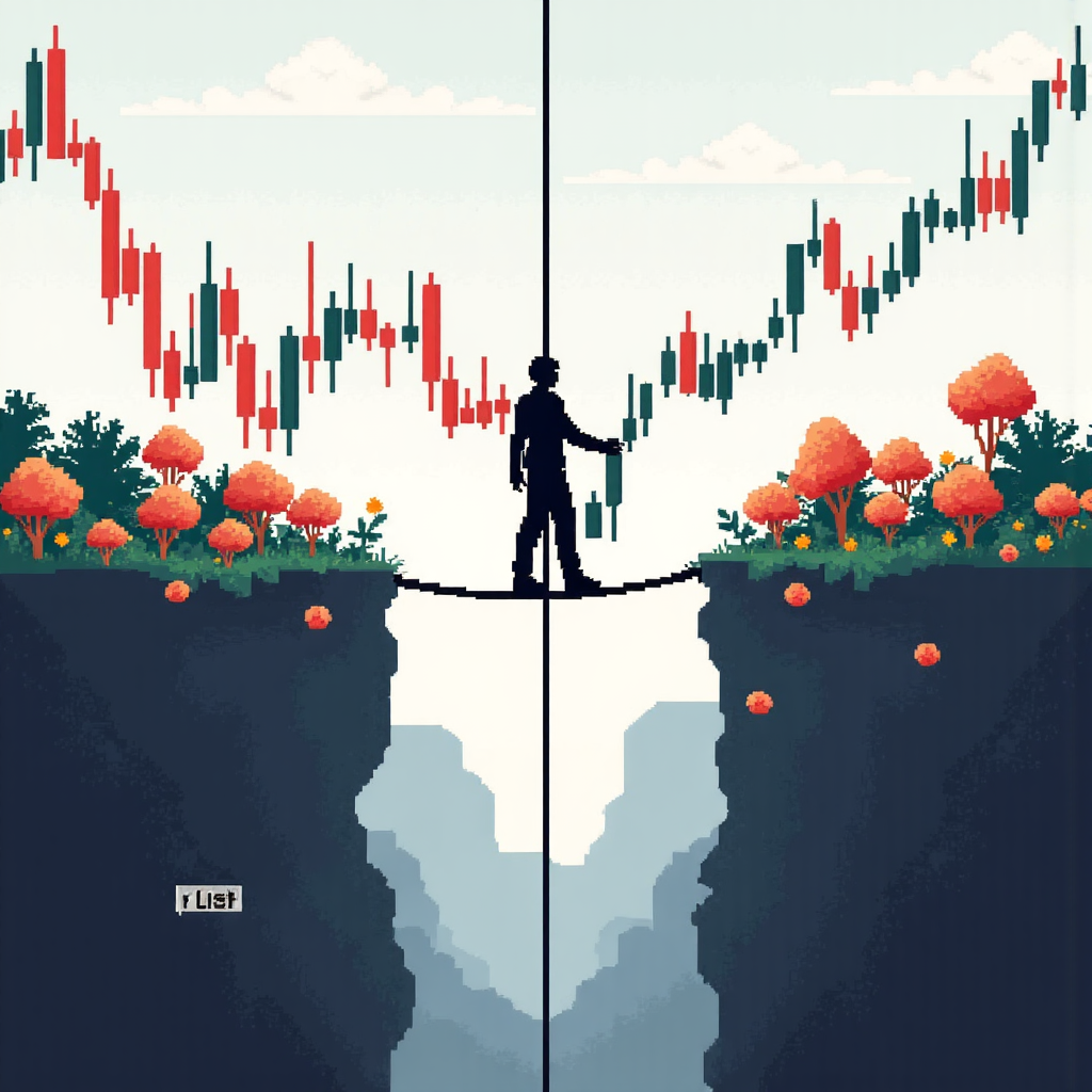 像素藝術分裂畫面，展示金融圖表趨勢線與平衡風險的繩索，象徵外匯投資的獲利與虧損雙重性