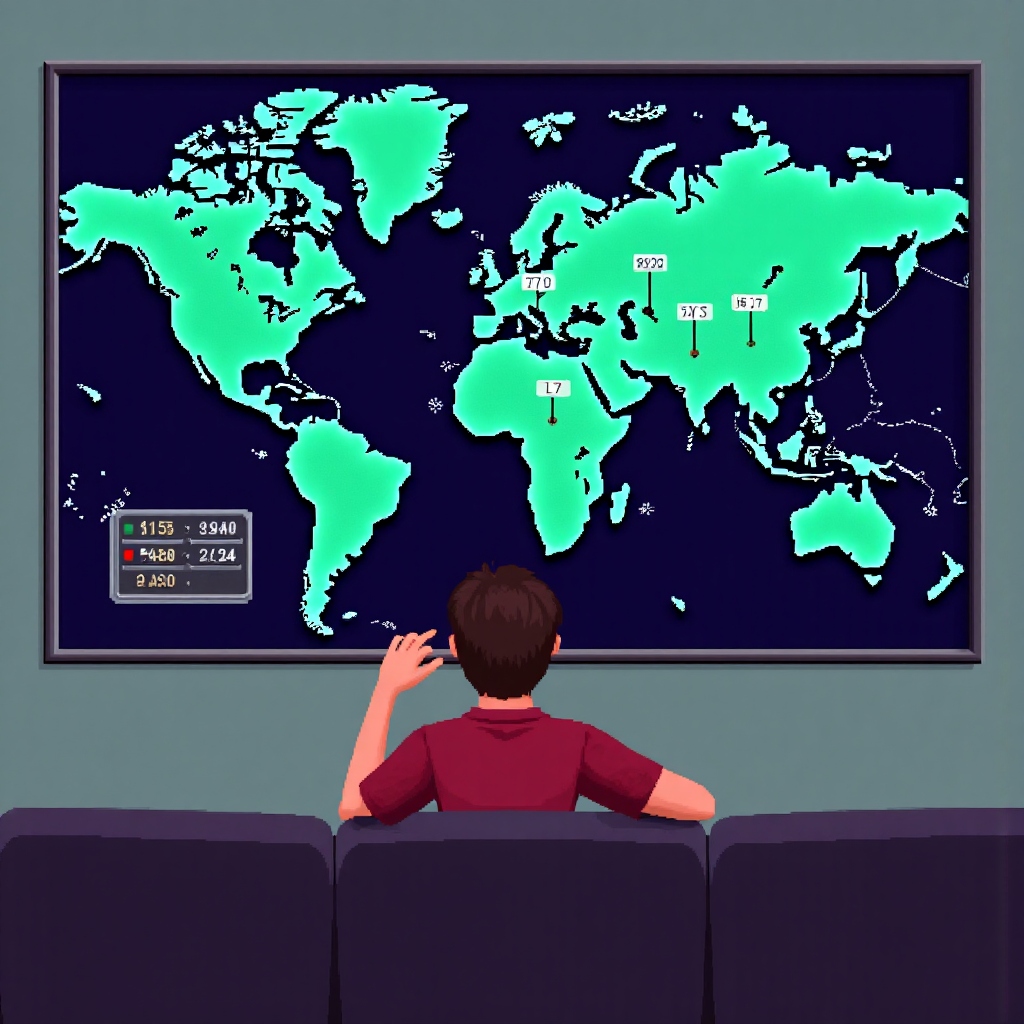 ภาพสไตล์ไอส์คนมองแผนที่โลกด้วยความครุ่นคิด ทับด้วยกราฟอัตราแลกเปลี่ยนสกุลเงินและกระแสข้อมูลทางการเงิน