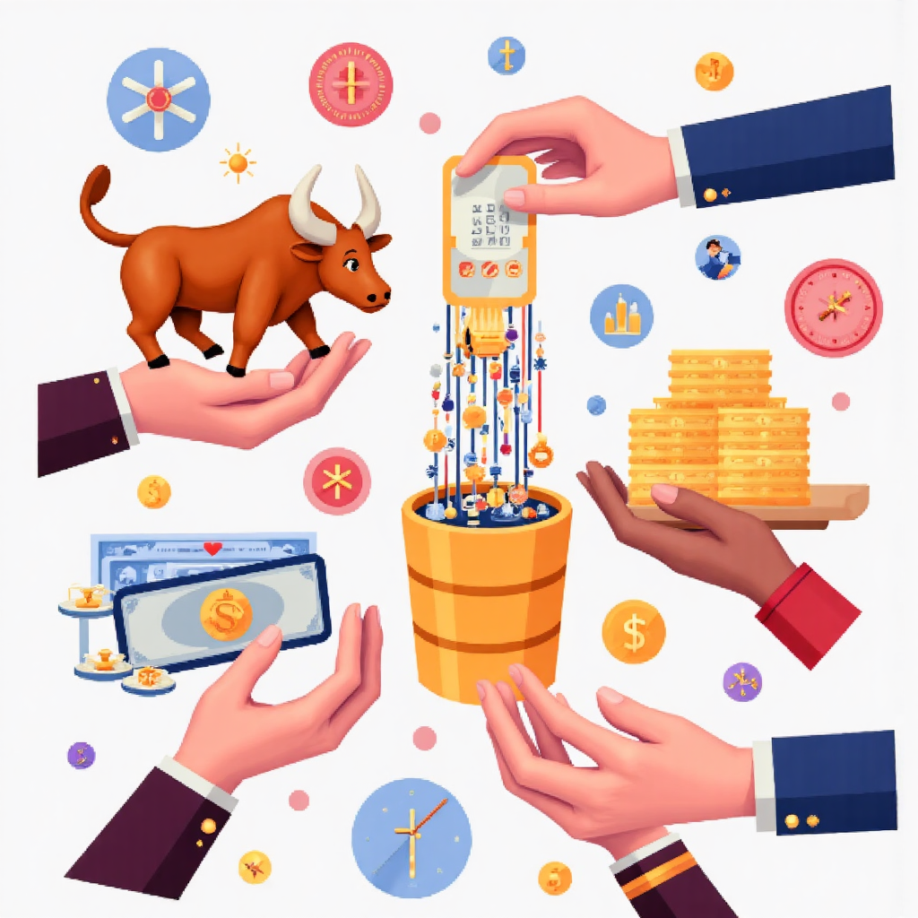 像素藝術風格的金融圖標轉移插圖，包括公牛、熊、金條、油桶與股票證書，運用鮮豔粉彩調強調透明與清晰