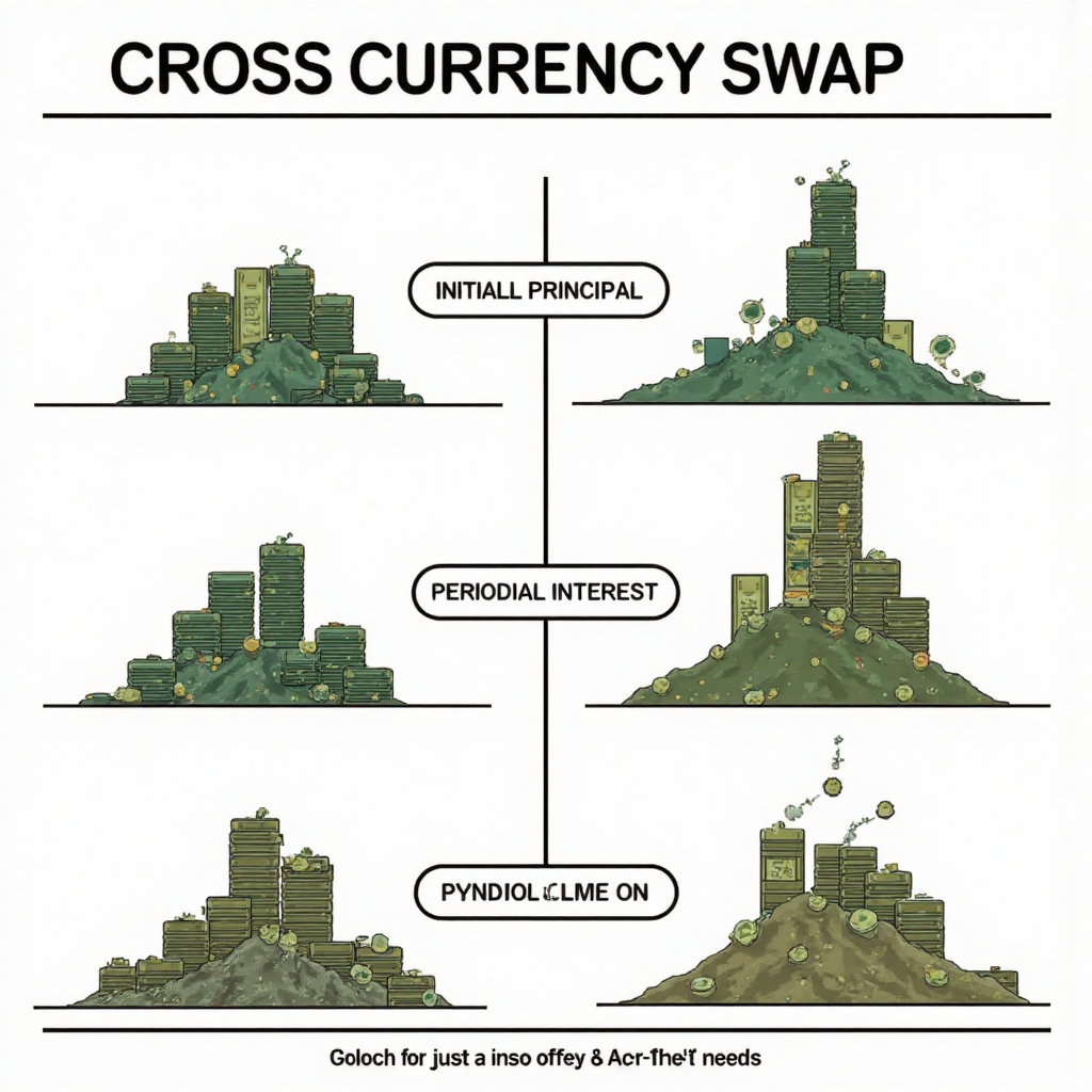 跨貨幣交換流程的資訊圖，顯示本金與利息交換階段