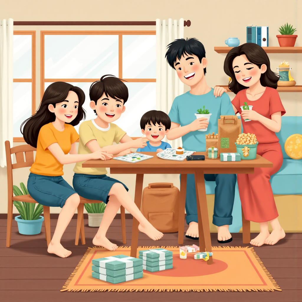 illustration showing a smiling thai family planning household expenses with stable currency exchange rates and affordable imported goods symbolizing the positive impact of strong international reserves on daily life with a cheerful and comforting atmosphere