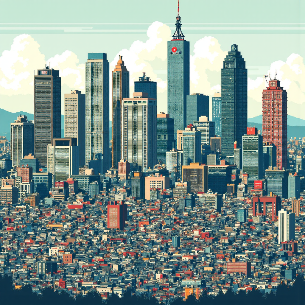 台灣金融景觀的像素藝術數位插圖，融合本地投資符號與全球油市交易平台的元素