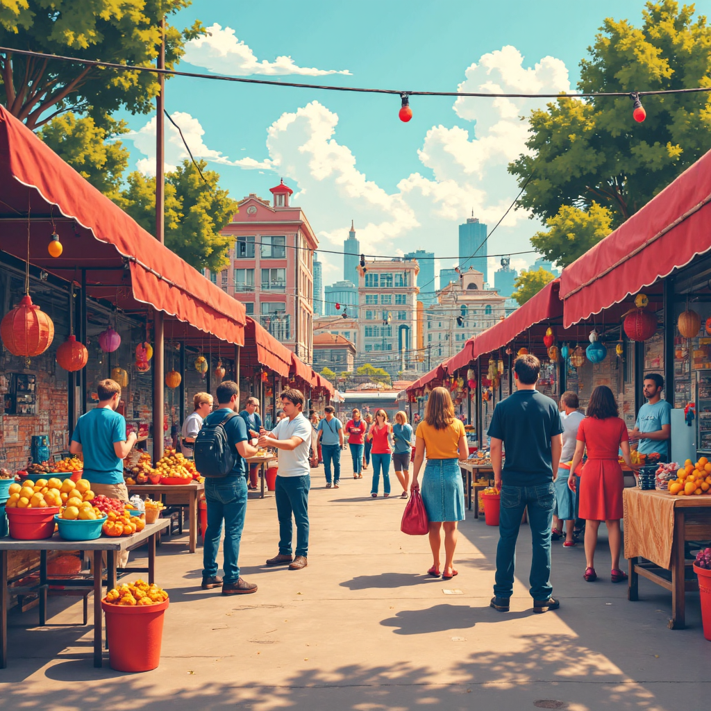 繁忙現代市場中人們即時交換商品的像素藝術插圖,象徵即時交易與滿足感