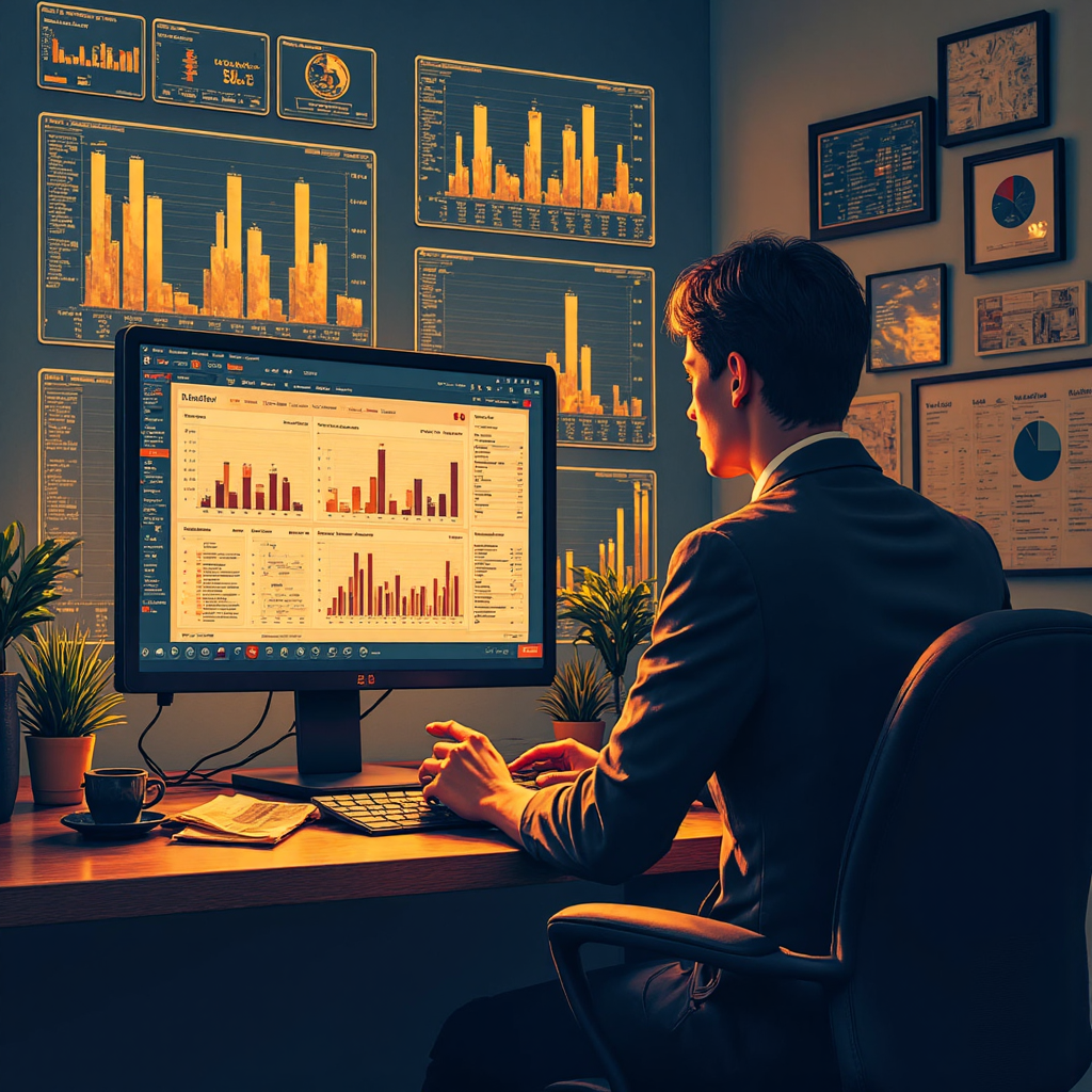 A busy entrepreneur meticulously calculating future cash flows using a sophisticated financial model surrounded by digital projections and subtle currency symbols clean vector art style with warm golden hues