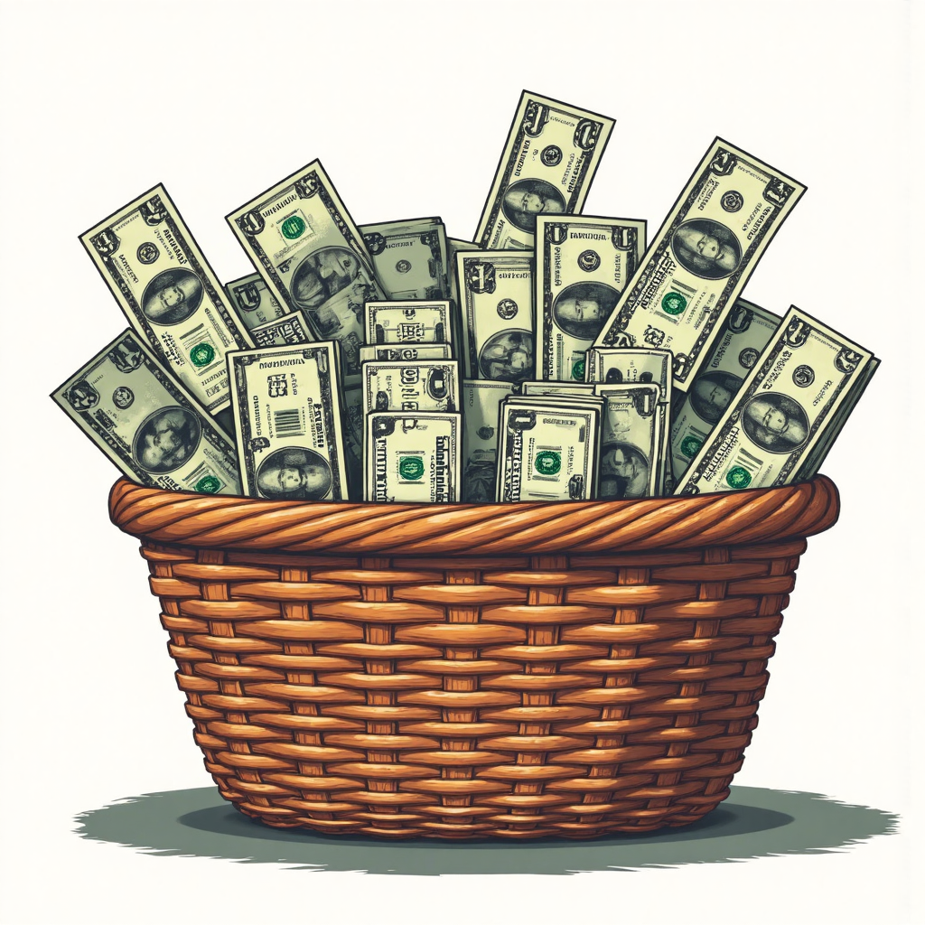 多元美國債券籃子滿溢,包含國債、企業債和市政債,背景世界地圖,像素藝術風格插圖