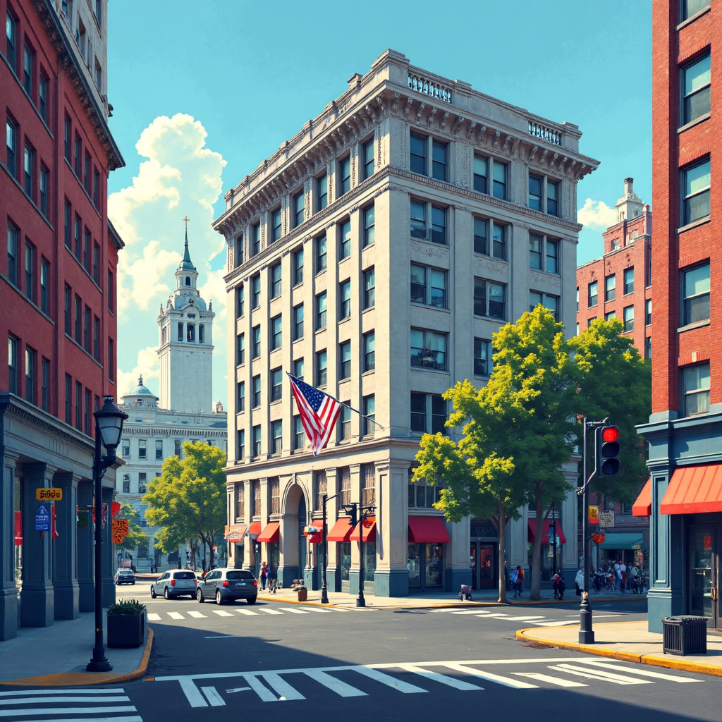 宏偉歷史銀行建築位於繁忙金融區,融入微妙美國國旗元素與晴朗藍天,像素藝術風格