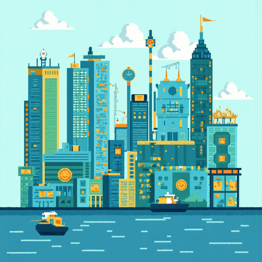 ภาพกราฟิกนามธรรมที่แสดงแรงผลักดันทางเศรษฐกิจโลกที่ส่งผลต่อตลาดการเงินไทย ด้วยเส้นเชื่อมต่อและสัญลักษณ์สกุลเงิน สไตล์แบนเรียบ โทนสีน้ำเงินและเขียวเย็น