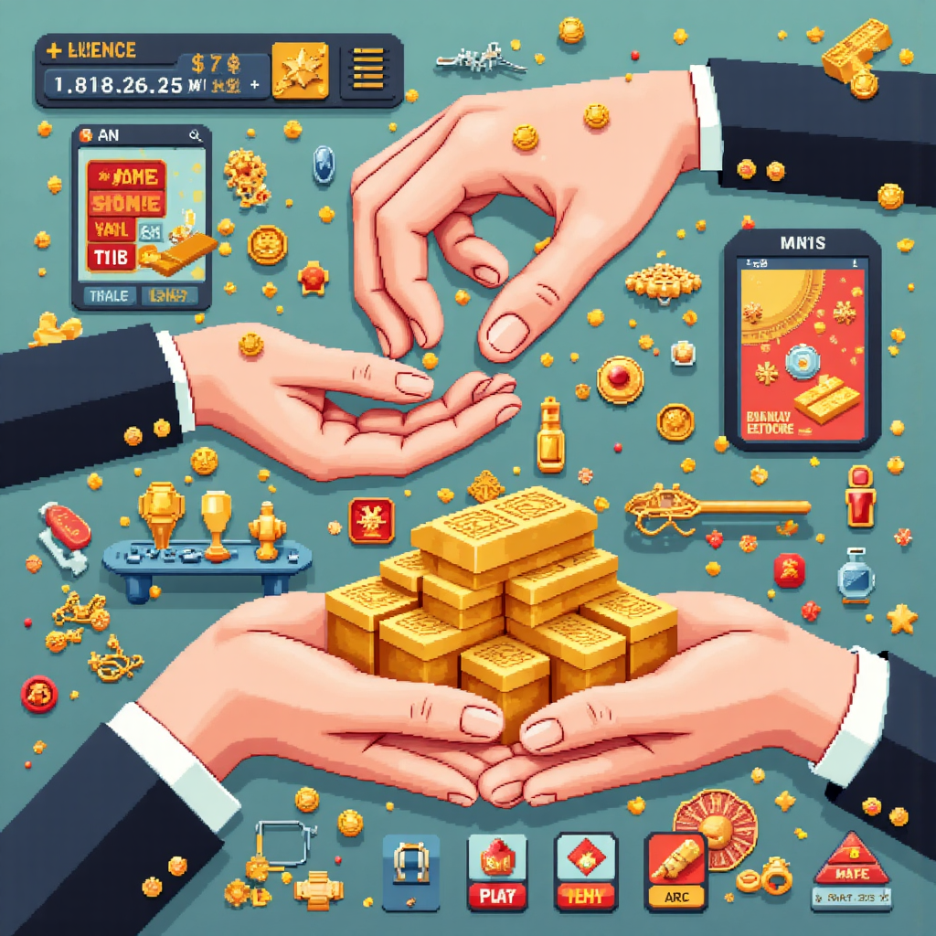 whimsical illustration of hands exchanging gold bars and jewelry pieces transitioning into digital app icons representing various online trading platforms