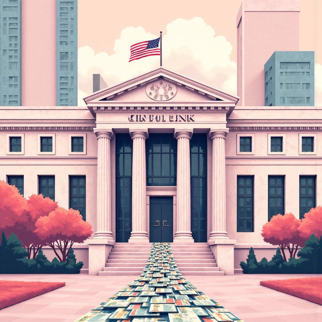 An artistic representation of a central bank building with abstract lines of currency flowing in and out representing market forces and official intervention in soft pastel tones