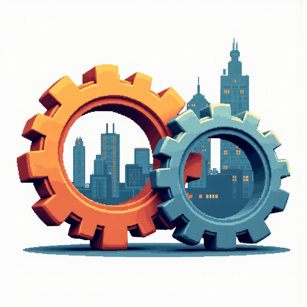 公司合併協同效應的像素藝術圖像,展示齒輪咬合與城市景觀代表業務成長
