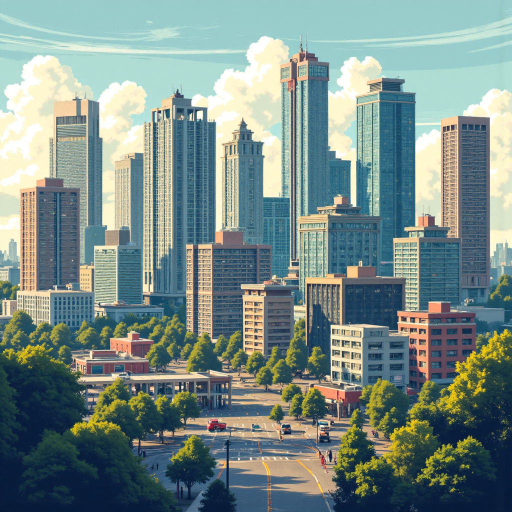 ภาพประกอบอสังหาริมทรัพย์หลากหลาย เช่น อาคารสำนักงานสมัยใหม่ ห้างสรรพสินค้าคึกคัก และโรงแรมหรูหรา สร้างภูมิทัศน์ทางการเงินที่เต็มไปด้วยชีวิตชีวาในแสงเช้าอ่อนๆ