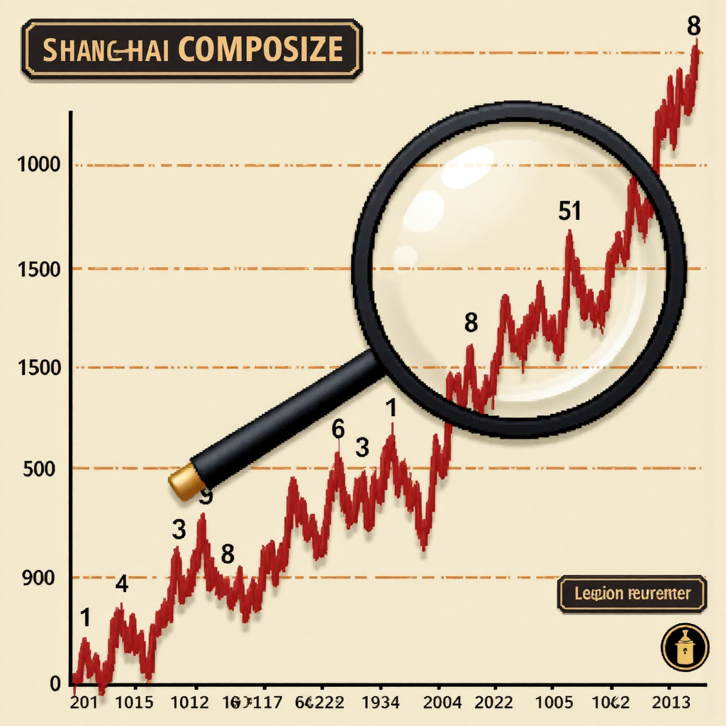 上海綜合指數歷史走勢圖表與放大鏡檢視趨勢的像素藝術