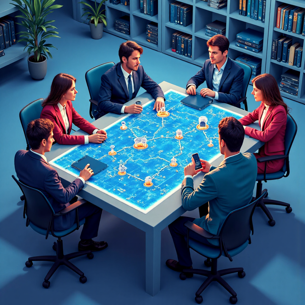 IT 專業團隊圍繞全息介面合作的像素藝術插圖,顯示資產映射與細粒度存取控制政策,網路區段以發光線隔離安全