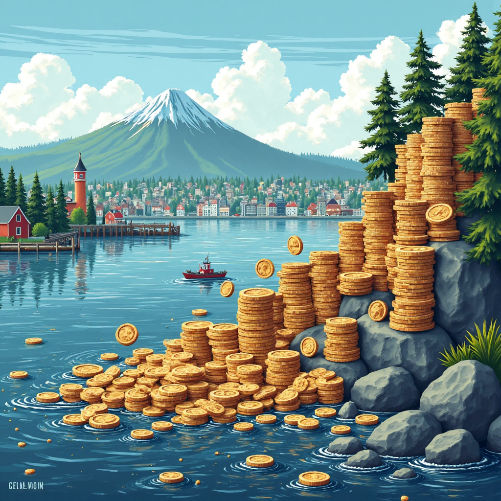 挪威主權財富基金成長的圖形視覺化，展示 cascading 錢幣與多元投資資產，背景為繁榮挪威景觀的像素藝術