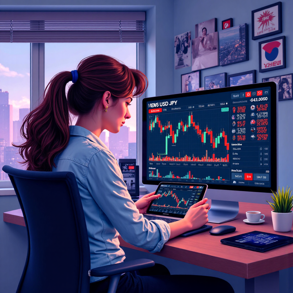 An artistic illustration of a trader looking at a tablet displaying USD JPY chart with various news icons surrounding them depicting a fast paced trading environment and risk management concepts a modern color palette