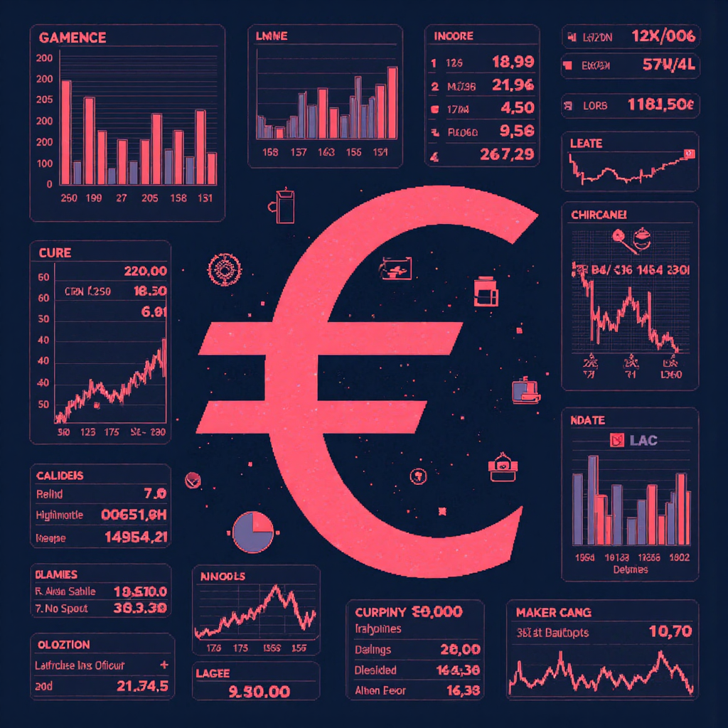 歐元符號與全球金融圖表互動的像素藝術風格描繪