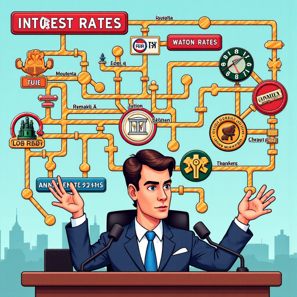 聯準會主席演講場景,利率圖表擴散影響股市與貨幣符號,活潑色彩呈現市場動態