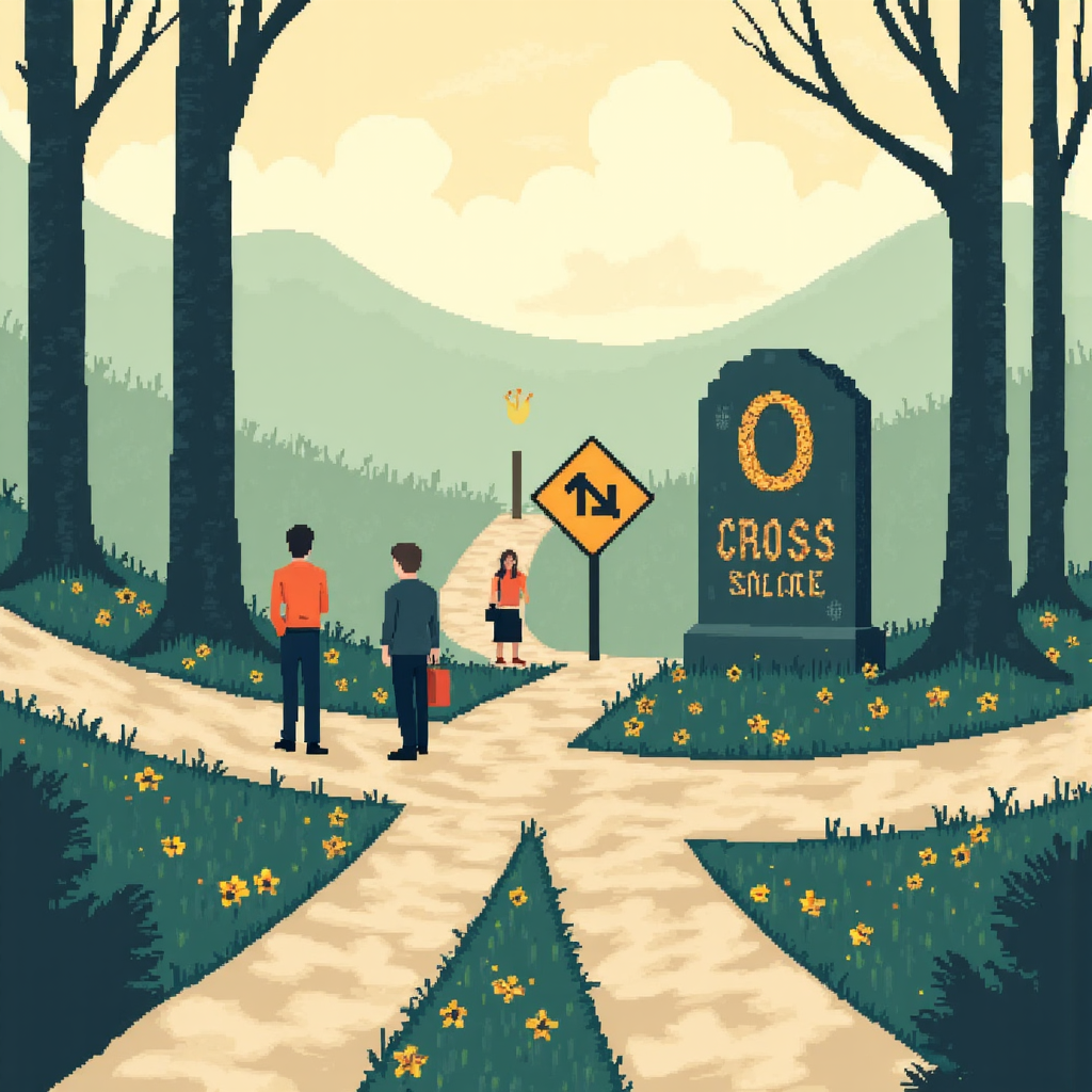 a whimsical illustration depicting a stylized gravestone doji as a warning signpost at a crossroads where an upward trending path meets a downward trending path with small figures of traders looking on thoughtfully the scene conveys uncertainty and the possibility of a change in direction with a slightly muted and thoughtful color scheme