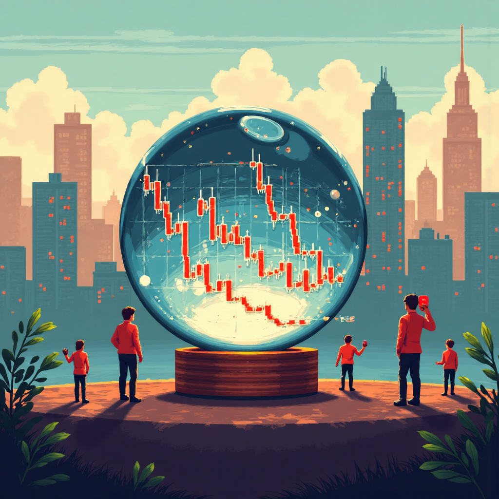 標普500指數水晶球預測圖,投資者觀望城市景觀像素藝術風格