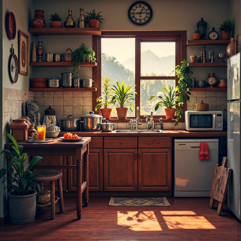 a cozy thai home setting showcasing everyday metal objects like cookware and appliances artfully placed in a warm illuminated environment