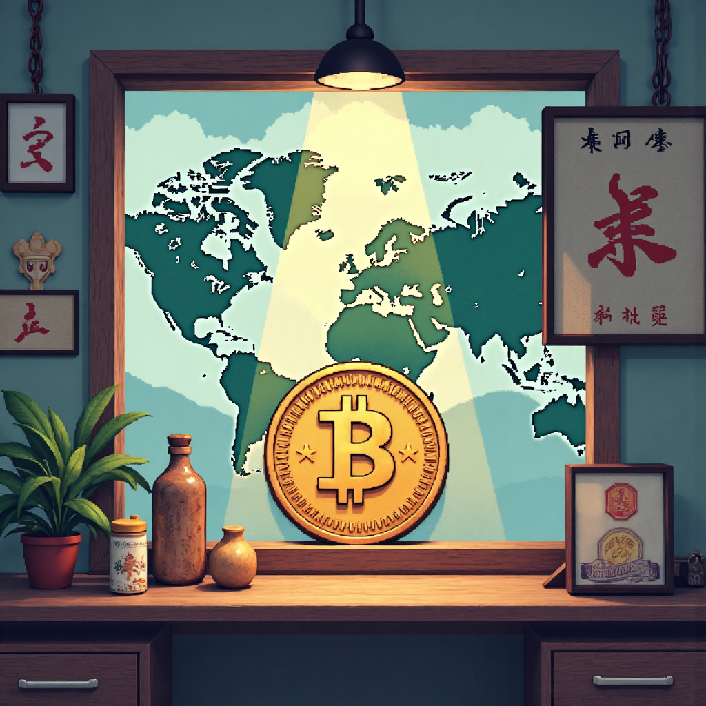 台灣幣升值概念的像素藝術插圖，顯示一枚台灣幣在全球地圖背景中放大