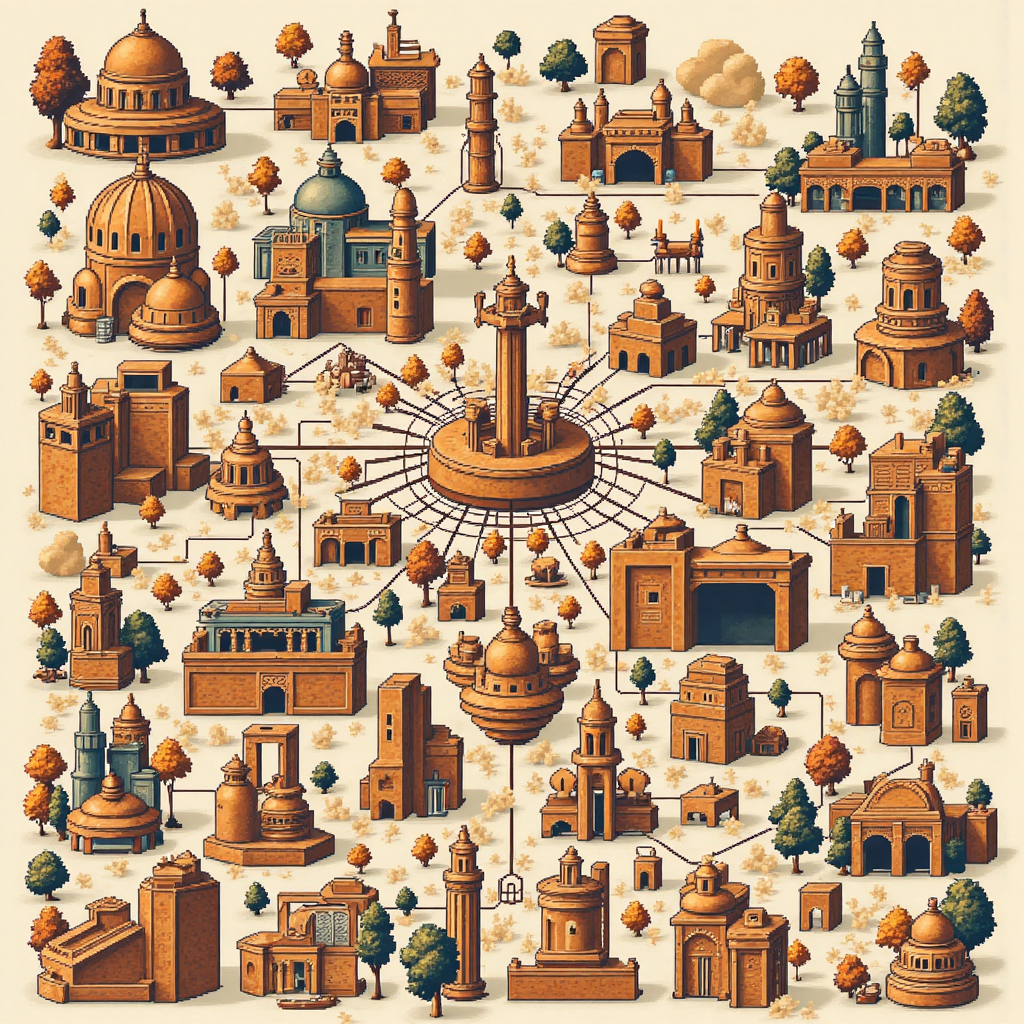 網站結構化為充滿活力的知識互聯網絡的像素藝術插圖,以中央支柱頁面引導至相關叢集內容,使用有機大地色調,呈現現代像素遊戲風格