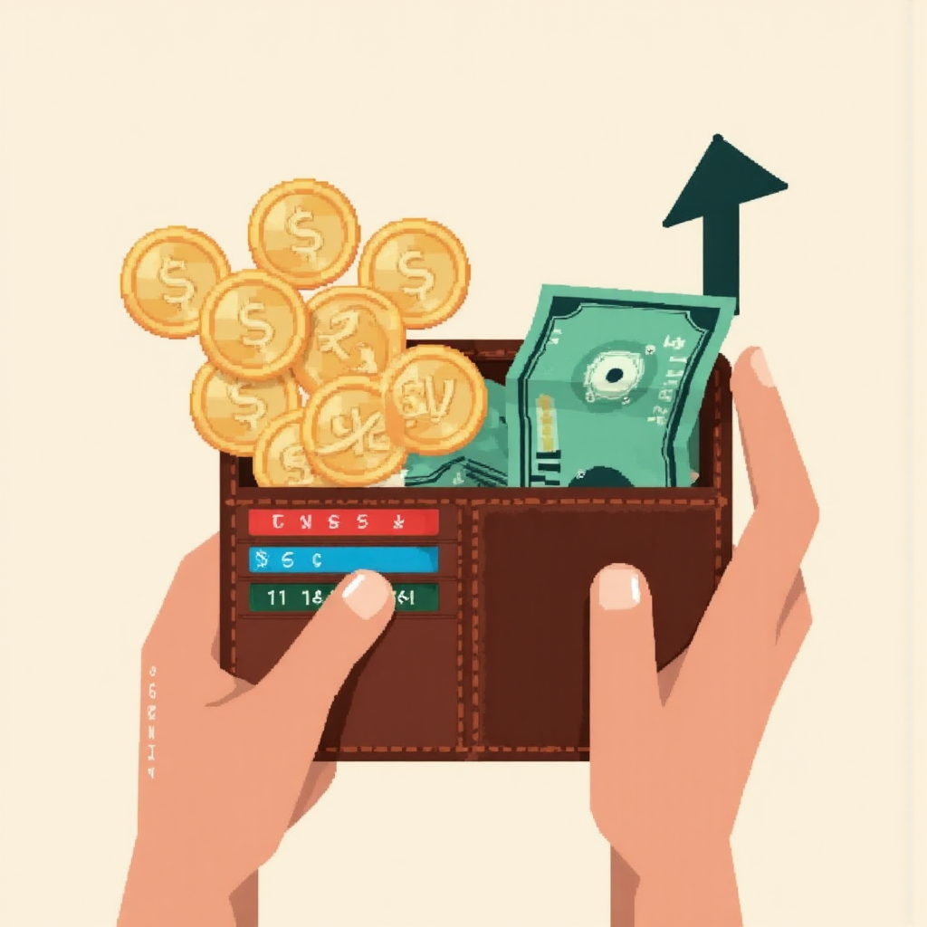 貨幣波動導致成本上升的錢包像素藝術插圖,顯示個人財務影響