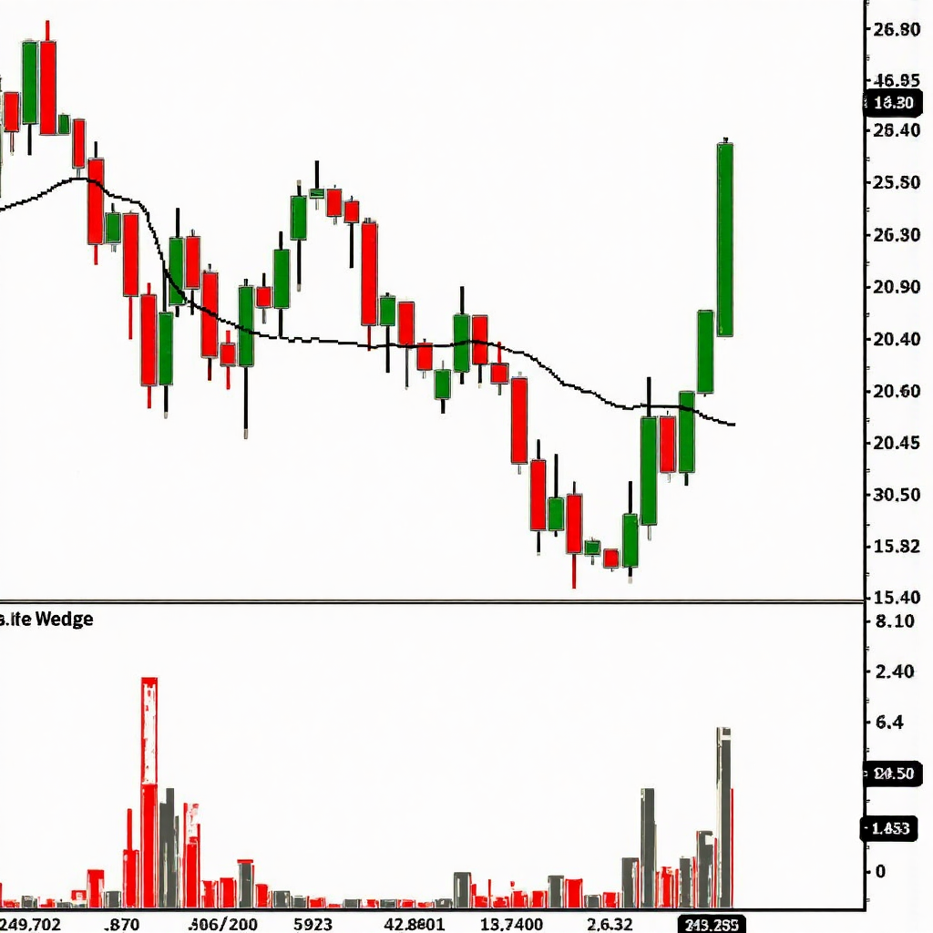 A close-up illustration of a financial trading chart showing the rising wedge pattern with detailed price action lines and volume bars indicating a bearish reversal