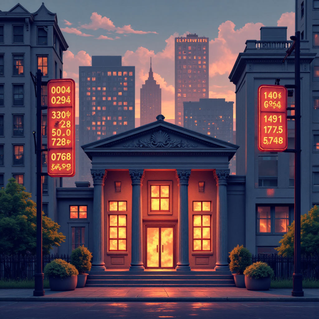 銀行大樓與浮動利率標誌的像素藝術插圖，溫暖色調的平靜金融市場