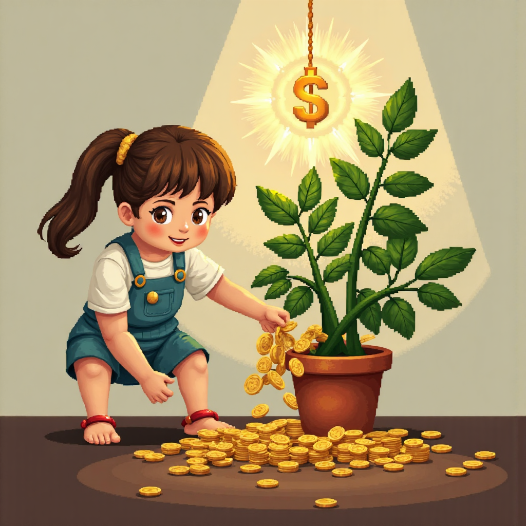 A charming illustration style of a person carefully counting coins and placing them into a growing plant imbued with golden light symbolizing wealth expansion