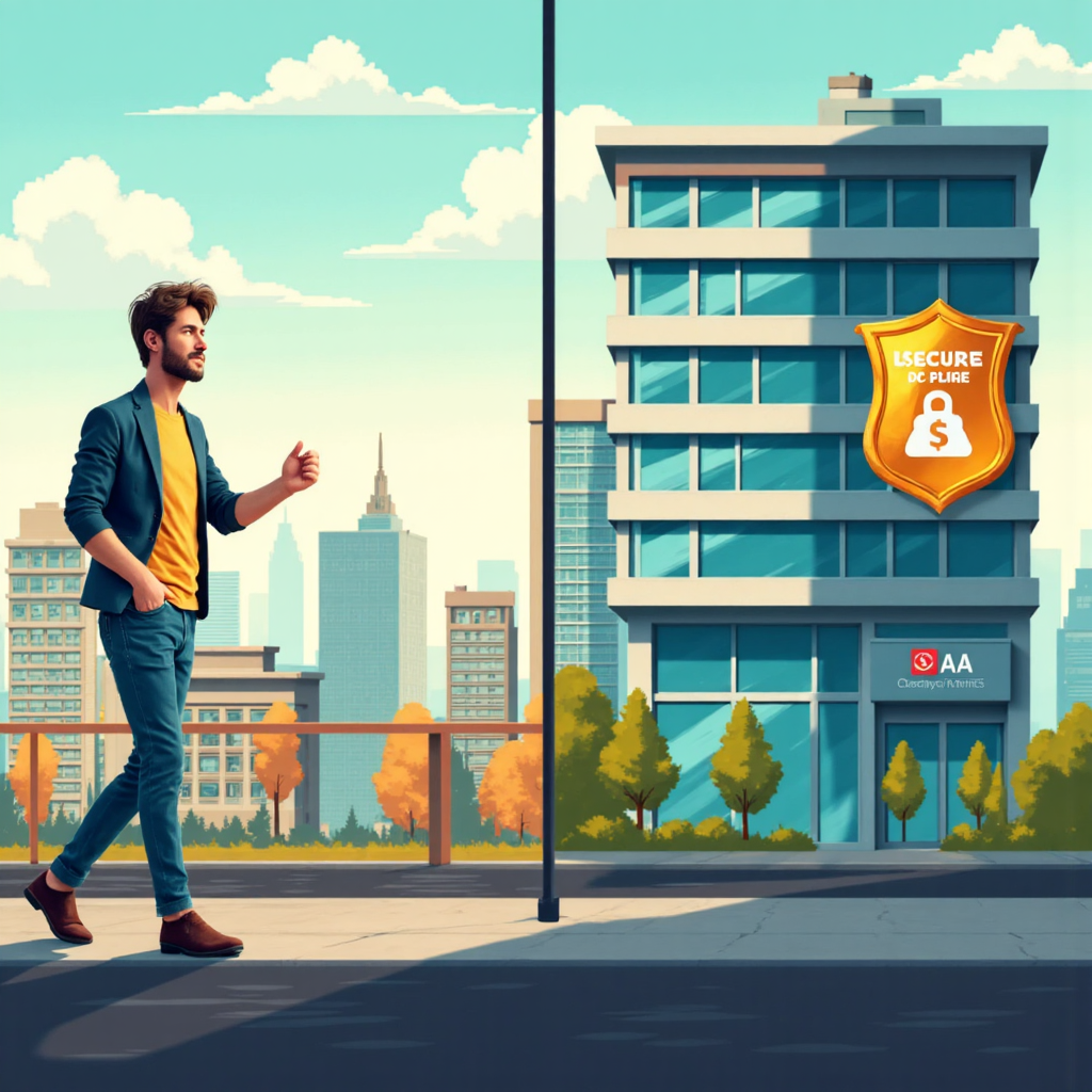 一人持金色信用盾牌自信行走城市,另一邊公司建築閃耀AAA評級圖標