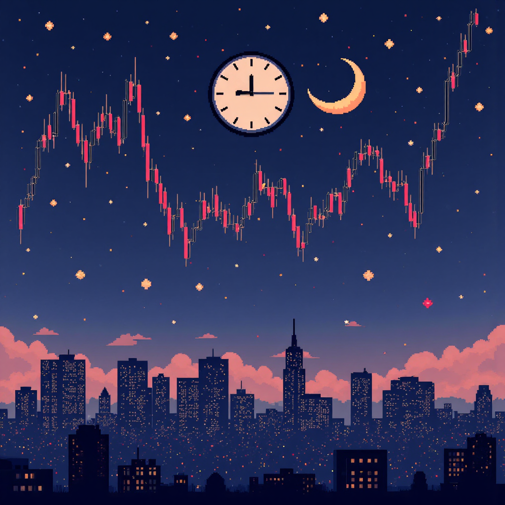 夜晚城市天際線與股市圖表交織的像素藝術插圖，象徵台灣投資人夜間關注美股