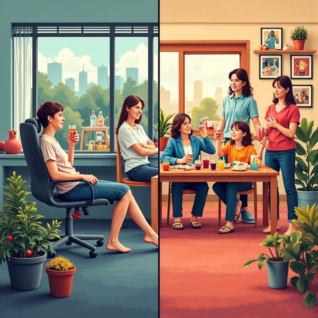 illustration showcasing a split scene one side represents a busy office environment while the other shows people enjoying family gatherings during american holidays with a warm inviting color palette