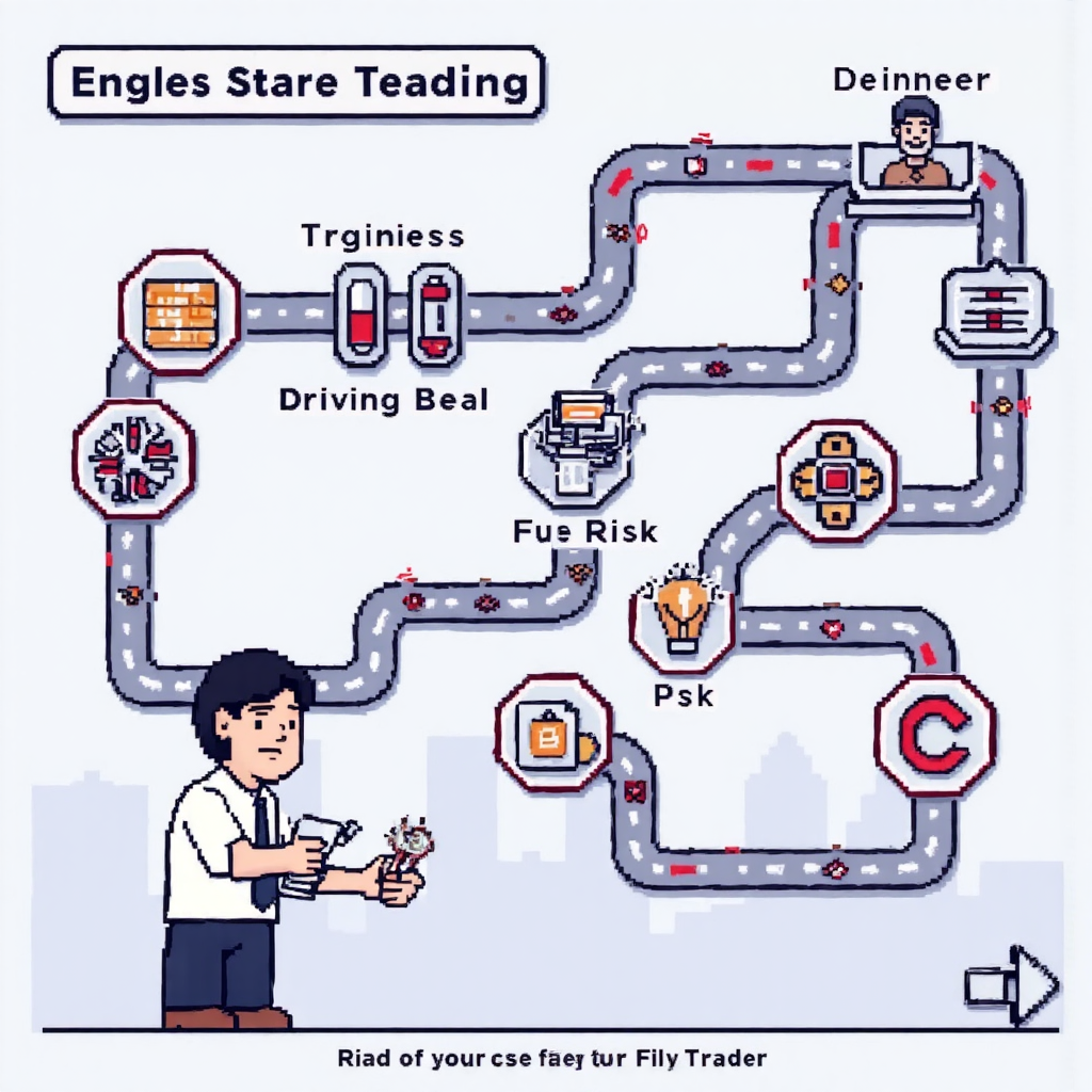 ภาพประกอบสไตล์แสดงเทรดเดอร์มือใหม่ที่มุ่งมั่นเผชิญทางแยกซับซ้อนแทนกลยุทธ์การเทรดและความเสี่ยง ไอคอนชัดเจนสำหรับการเรียนรู้และการจัดการความเสี่ยงนำทาง