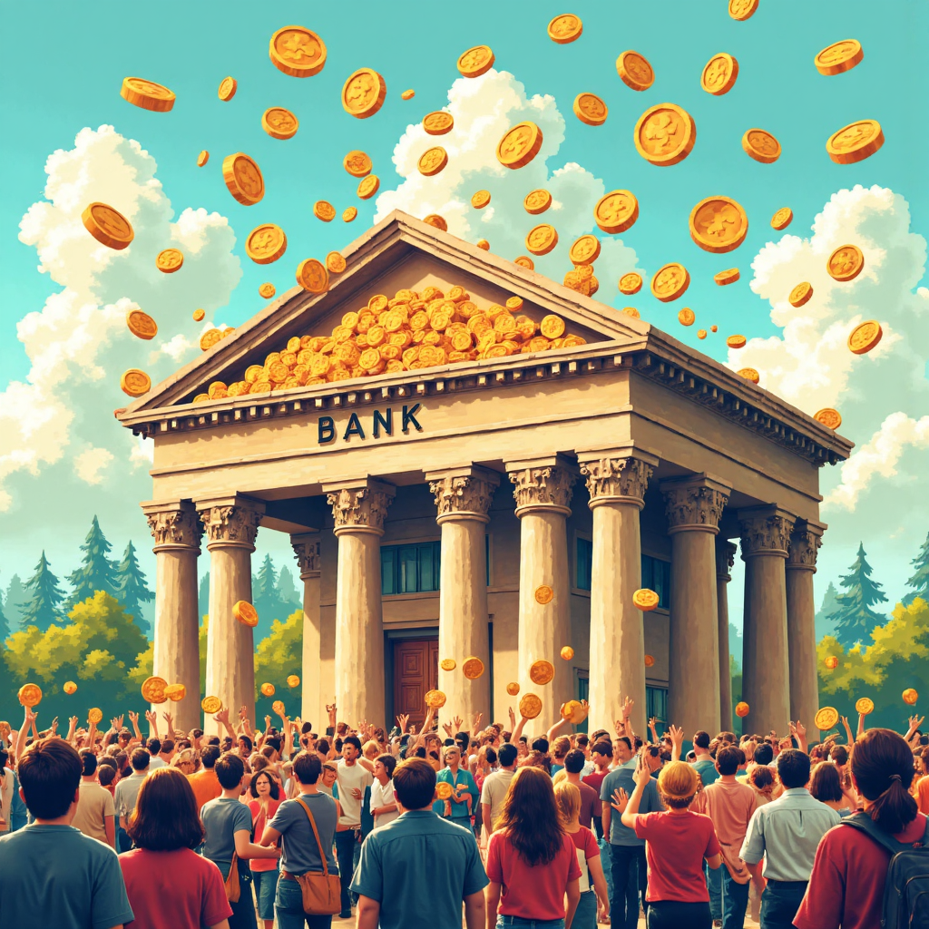 銀行大樓金幣飛出，群眾興奮的像素藝術插圖，展現樂觀氛圍