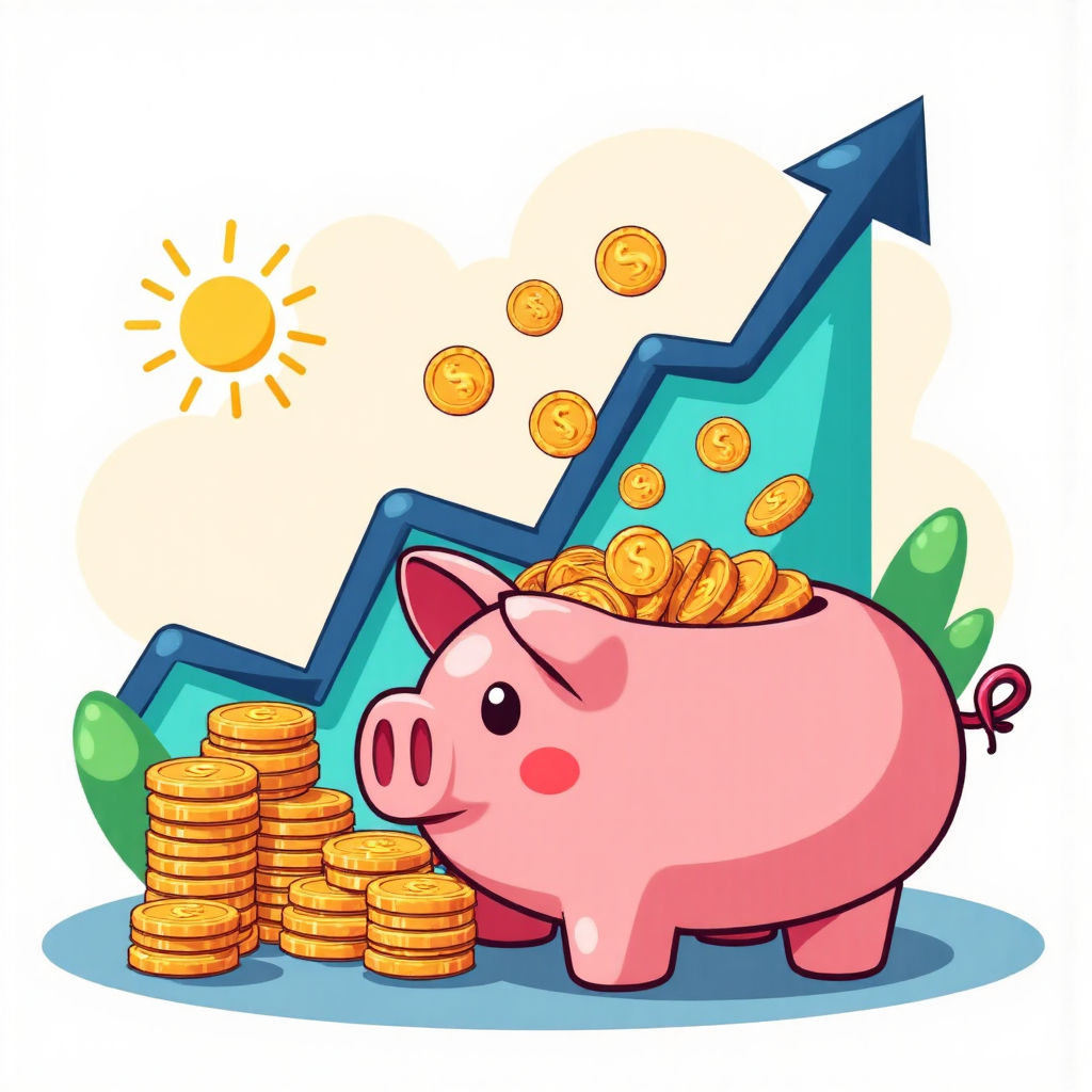 豬仔銀行溢出硬幣與利息收益圖表的像素藝術插圖，顯示上升趨勢的明亮場景