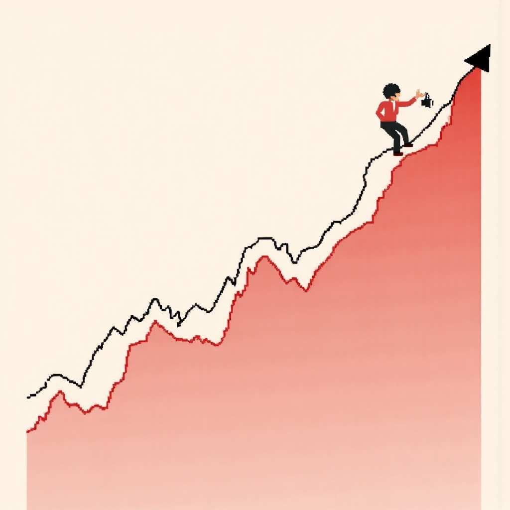 A whimsical illustration of financial chart patterns forming a rising wedge shape with upward trendlines converging into a sharp peak against a soft gradient background