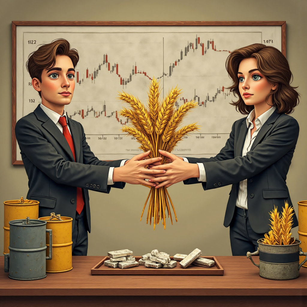 像素藝術風格的黃金握手，象徵買賣雙方轉移小麥束與銀條，背景融入股票圖表與油桶，營造現代遊戲視覺效果
