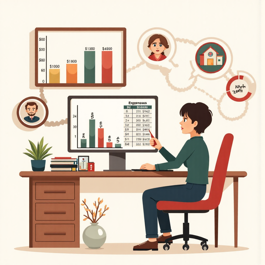 像素藝術風格的個人製作現金流圖表，思考買房和退休規劃的泡泡