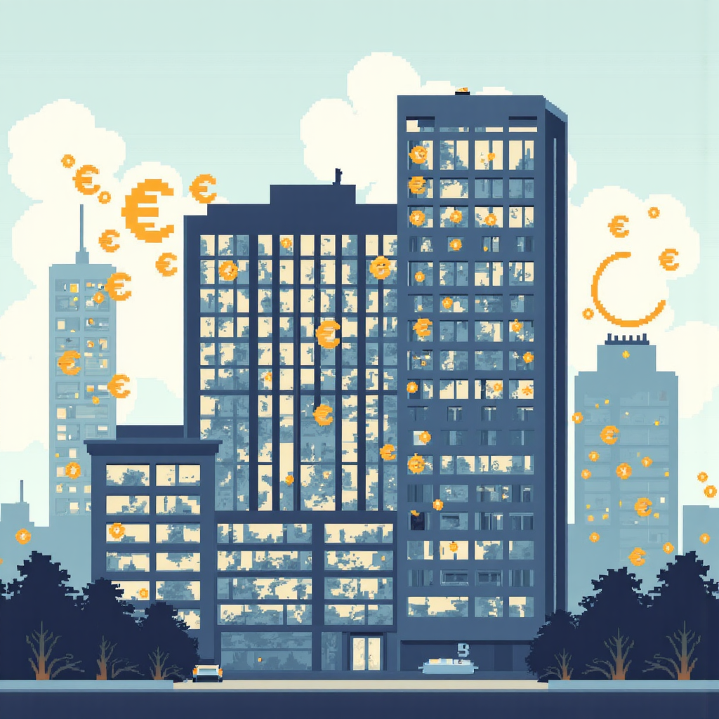 歐洲中央銀行大樓的像素藝術插圖,伴隨歐元符號