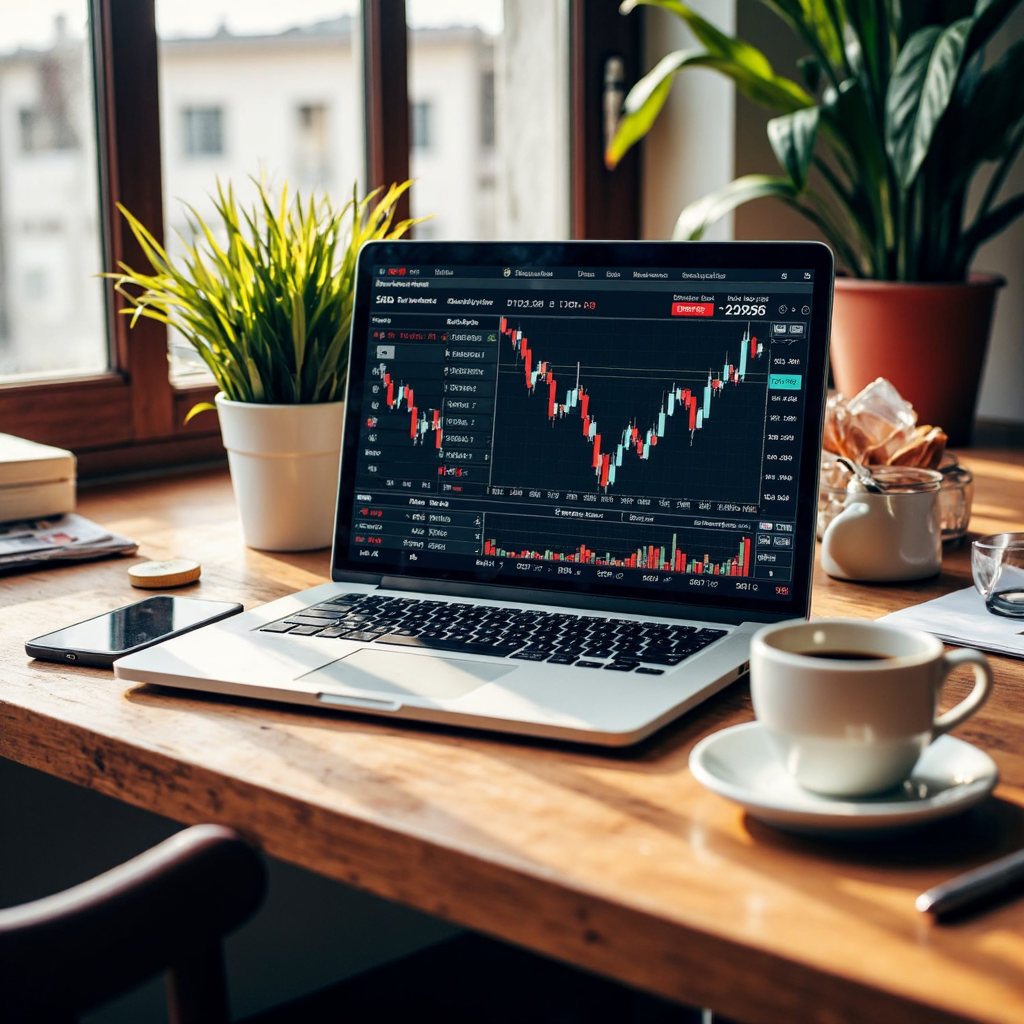 俯視辦公桌上的筆電顯示全球市場指數與財經新聞頭條，周圍散落咖啡杯和筆，在明亮自然光線下以暖色調呈現的像素藝術