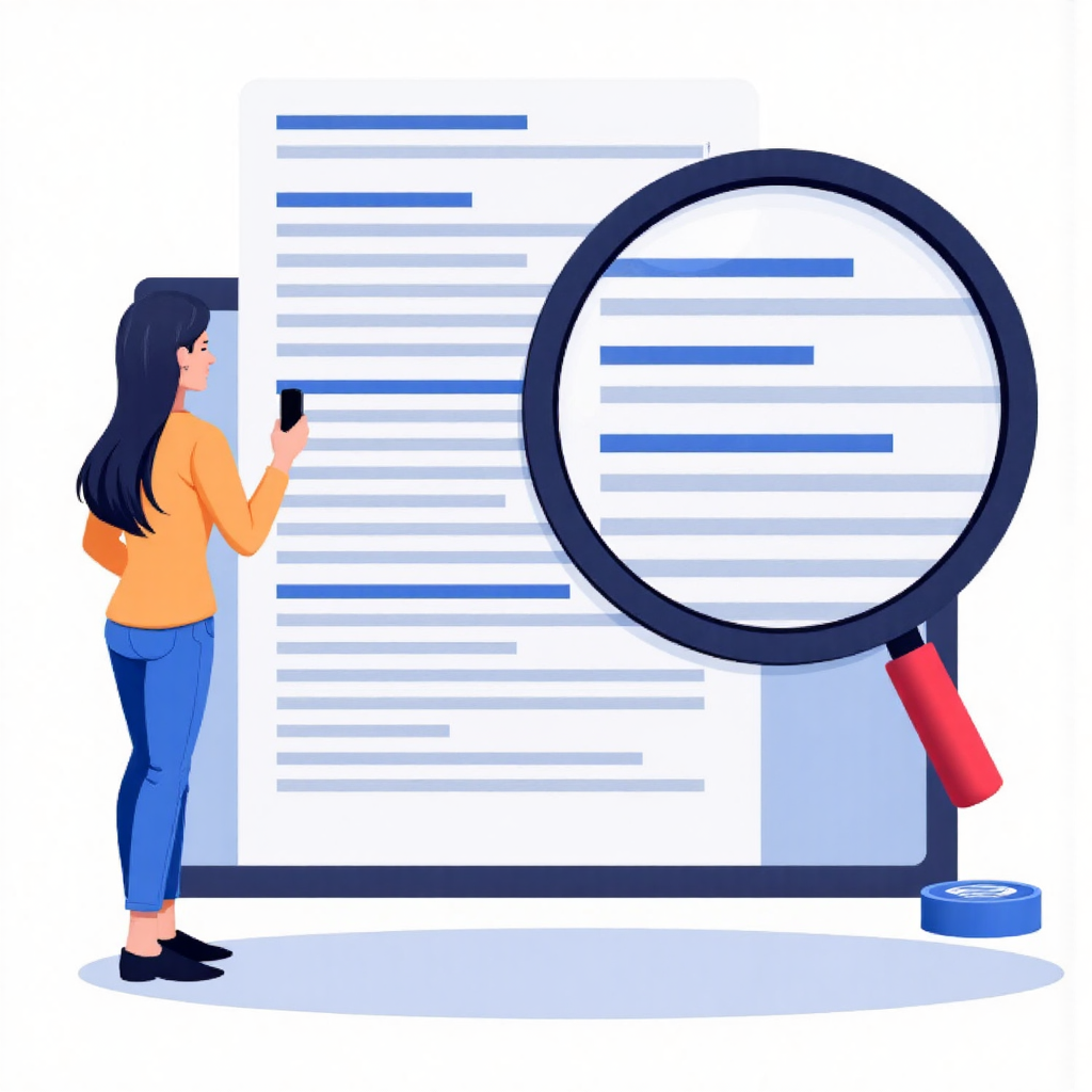 像素藝術風格,放大鏡掃描網頁,突出結構化內容如清晰標題和項目符號,象徵提升用戶參與度和搜尋引擎理解的現代美學