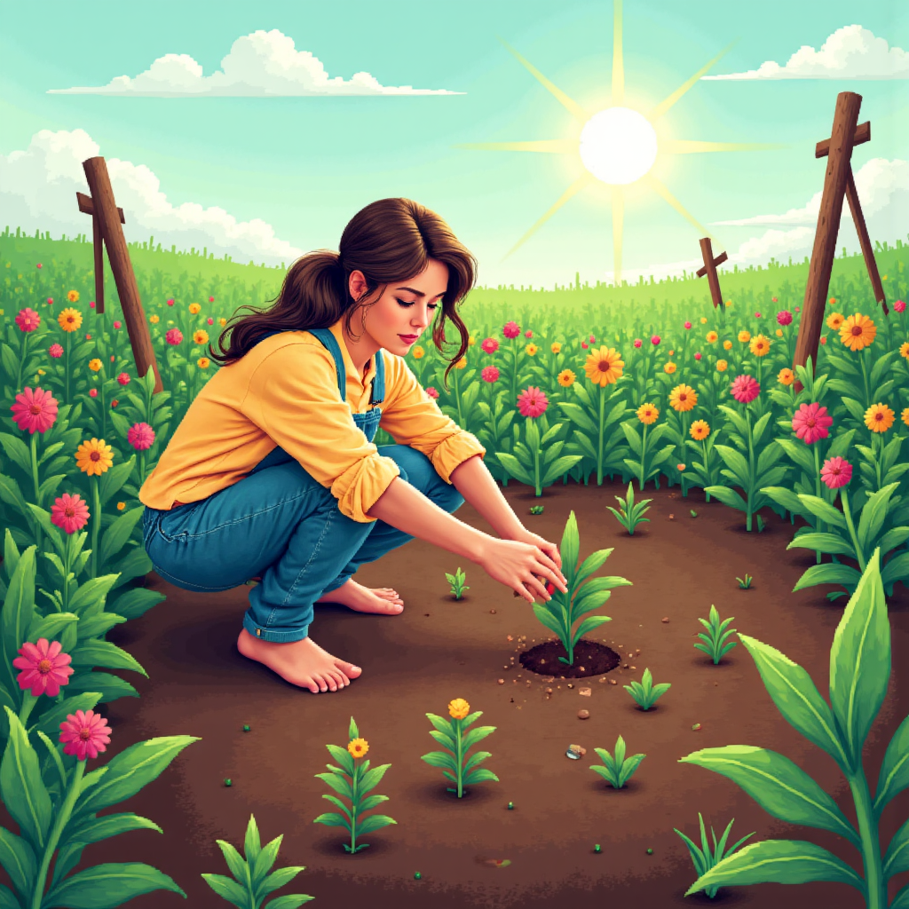 像素藝術奇幻插圖,花匠在數位景觀中種植小型安全幼苗,使用驗證徽章與最小存取圖示照料,充滿明亮樂觀光芒